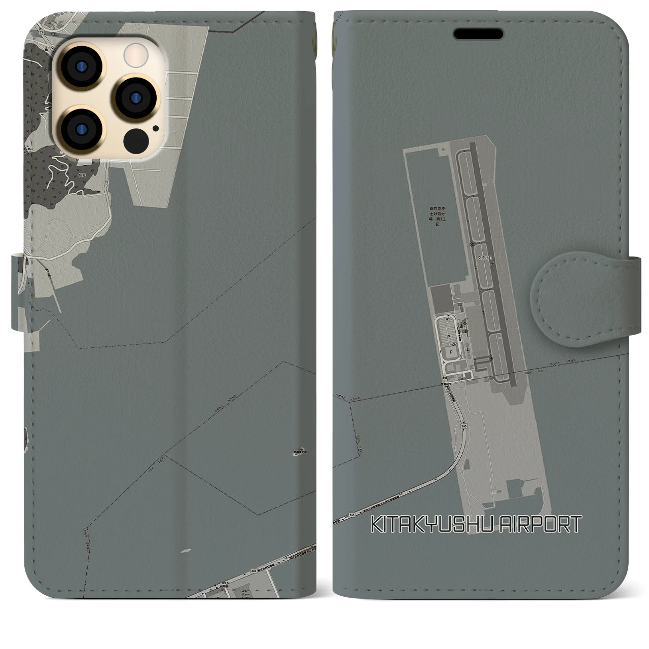 【北九州空港(福岡県)】地図柄iPhoneケース(手帳タイプ)モノトーン・iPhone 12 Pro Max 用