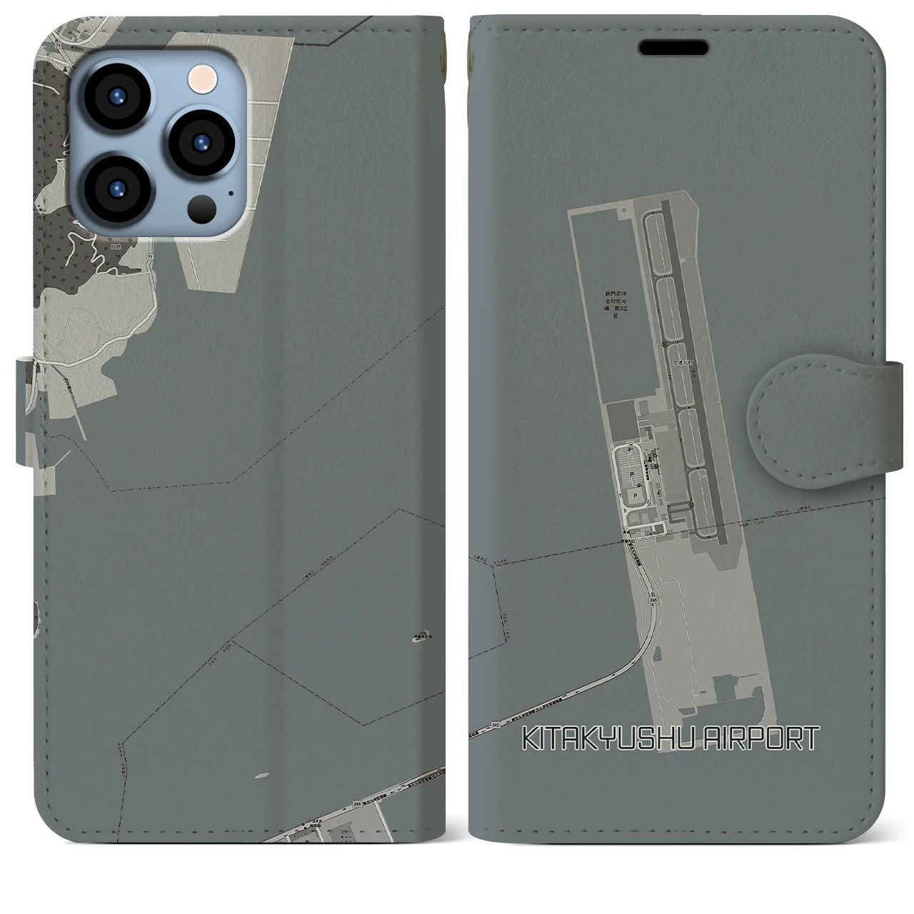 【北九州空港(福岡県)】地図柄iPhoneケース(手帳タイプ)モノトーン・iPhone 13 Pro Max 用
