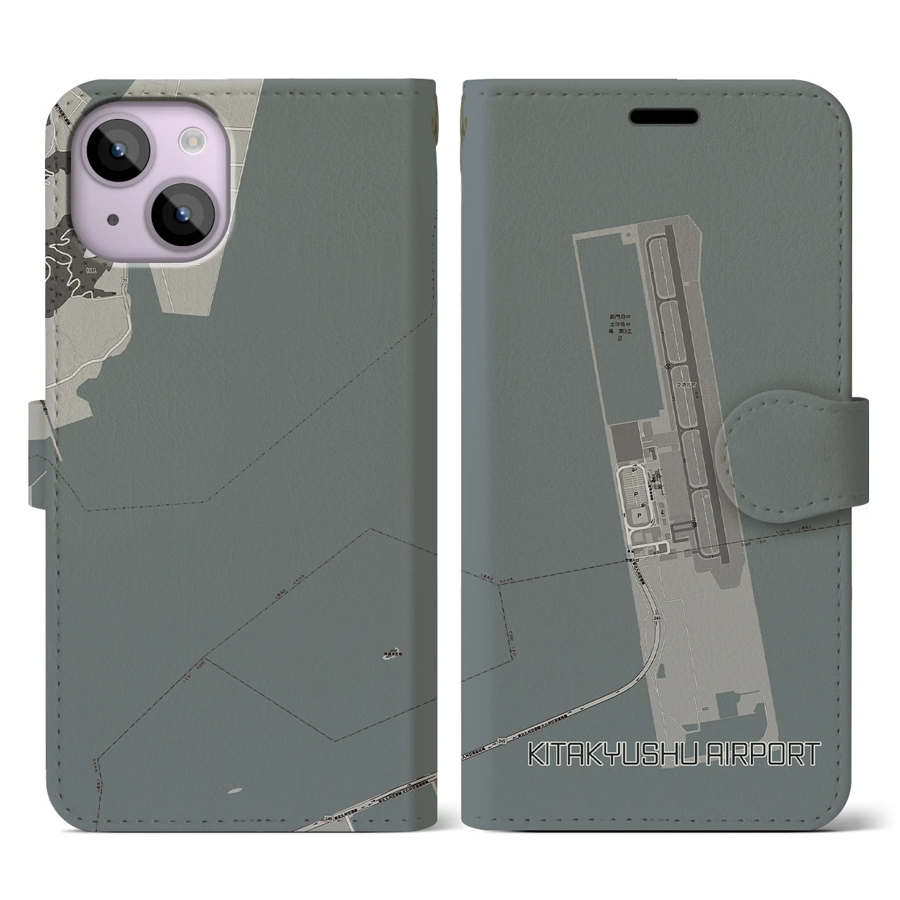 【北九州空港(福岡県)】地図柄iPhoneケース(手帳タイプ)モノトーン・iPhone 14 用