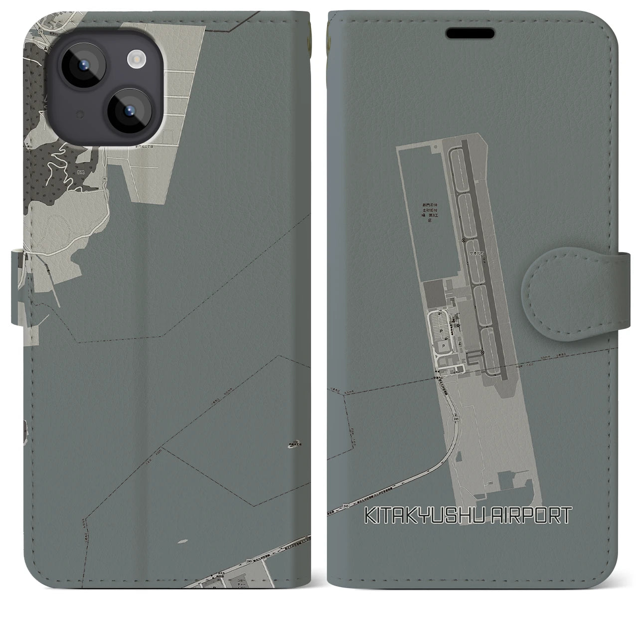 【北九州空港(福岡県)】地図柄iPhoneケース(手帳タイプ)モノトーン・iPhone 14 Plus 用