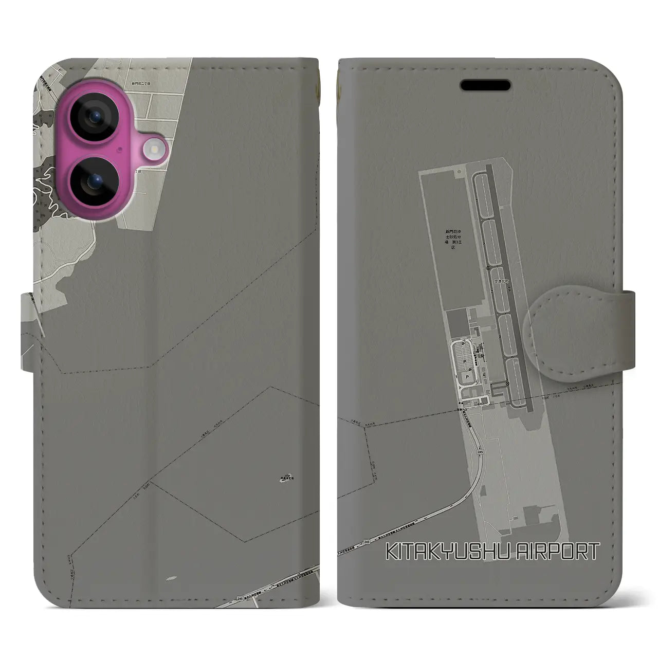 【北九州空港(福岡県)】地図柄iPhoneケース(手帳タイプ)モノトーン・iPhone 16 Pro 用