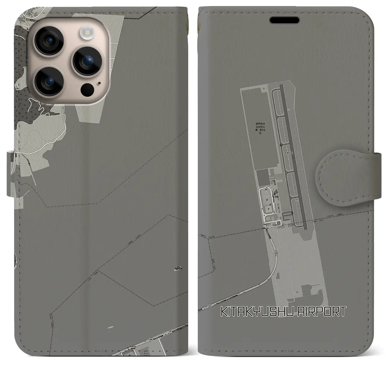 【北九州空港(福岡県)】地図柄iPhoneケース(手帳タイプ)モノトーン・iPhone 16 Plus 用