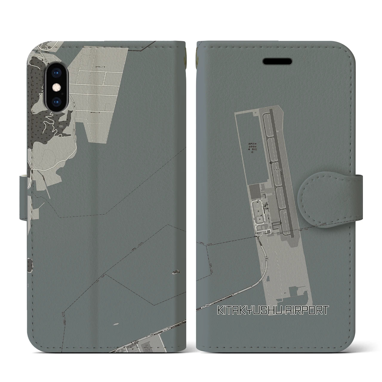 【北九州空港(福岡県)】地図柄iPhoneケース(手帳タイプ)モノトーン・iPhone XS / X 用