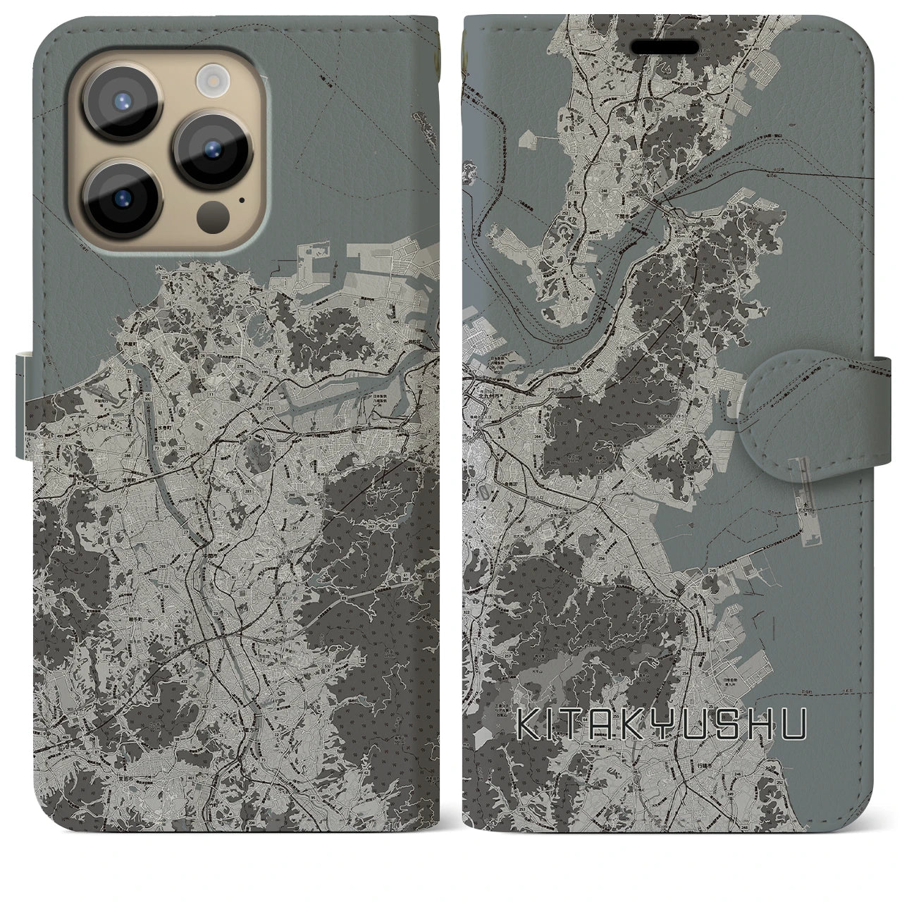 【北九州(福岡県)】地図柄iPhoneケース(手帳タイプ)モノトーン・iPhone 14 Pro Max 用