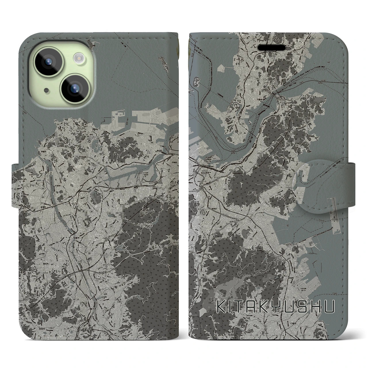【北九州(福岡県)】地図柄iPhoneケース(手帳タイプ)モノトーン・iPhone 15 用