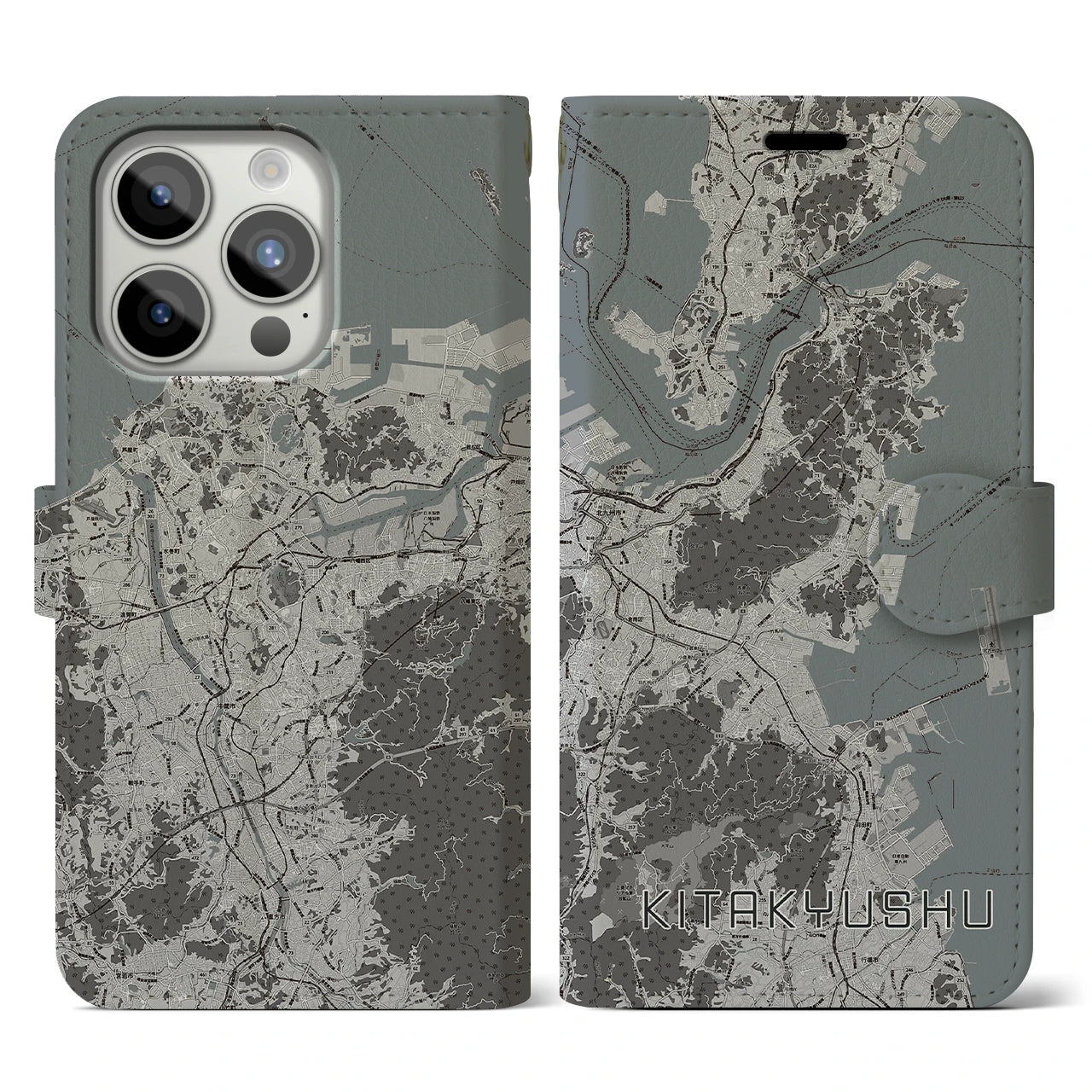 【北九州(福岡県)】地図柄iPhoneケース(手帳タイプ)モノトーン・iPhone 15 Pro 用
