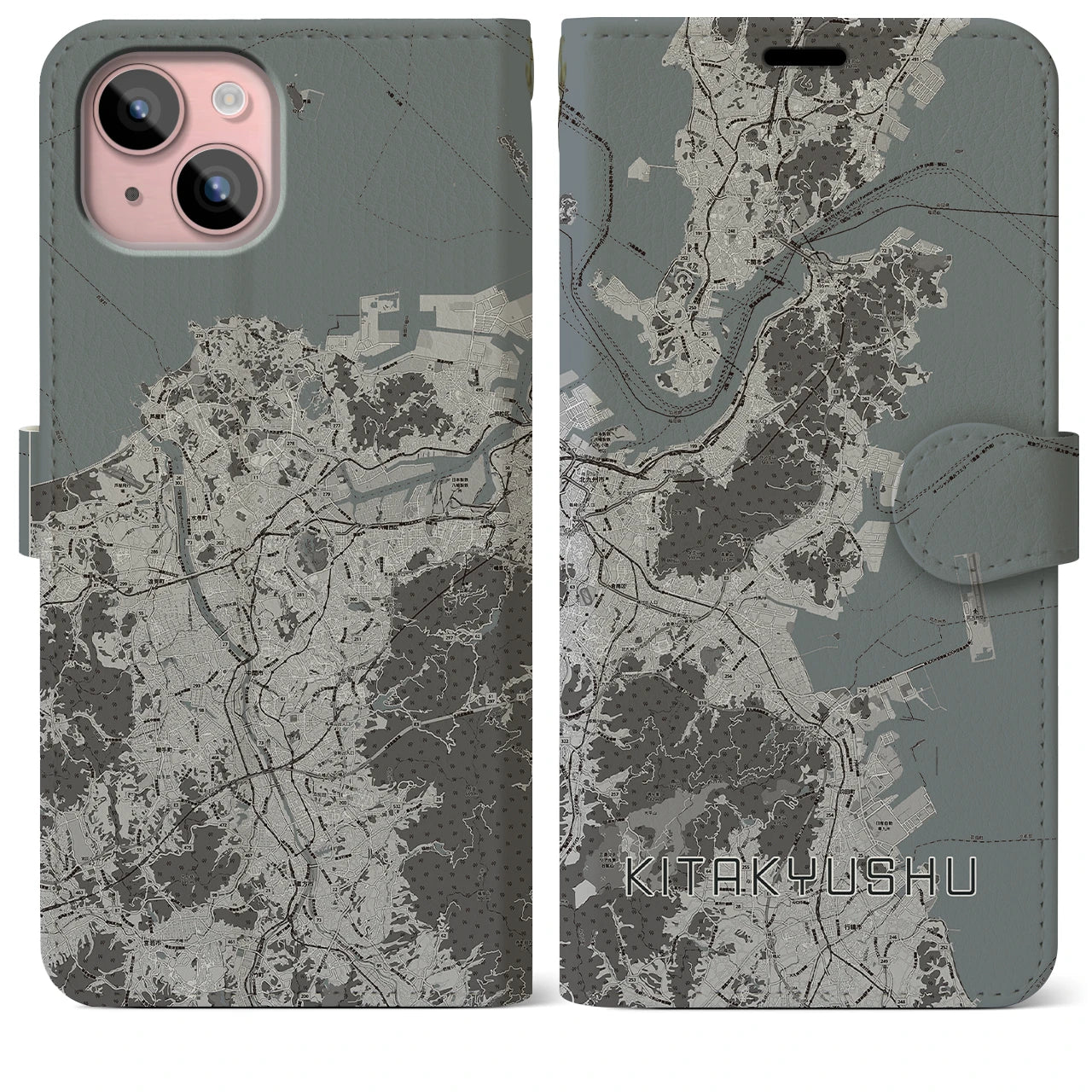 【北九州(福岡県)】地図柄iPhoneケース(手帳タイプ)モノトーン・iPhone 15 Plus 用
