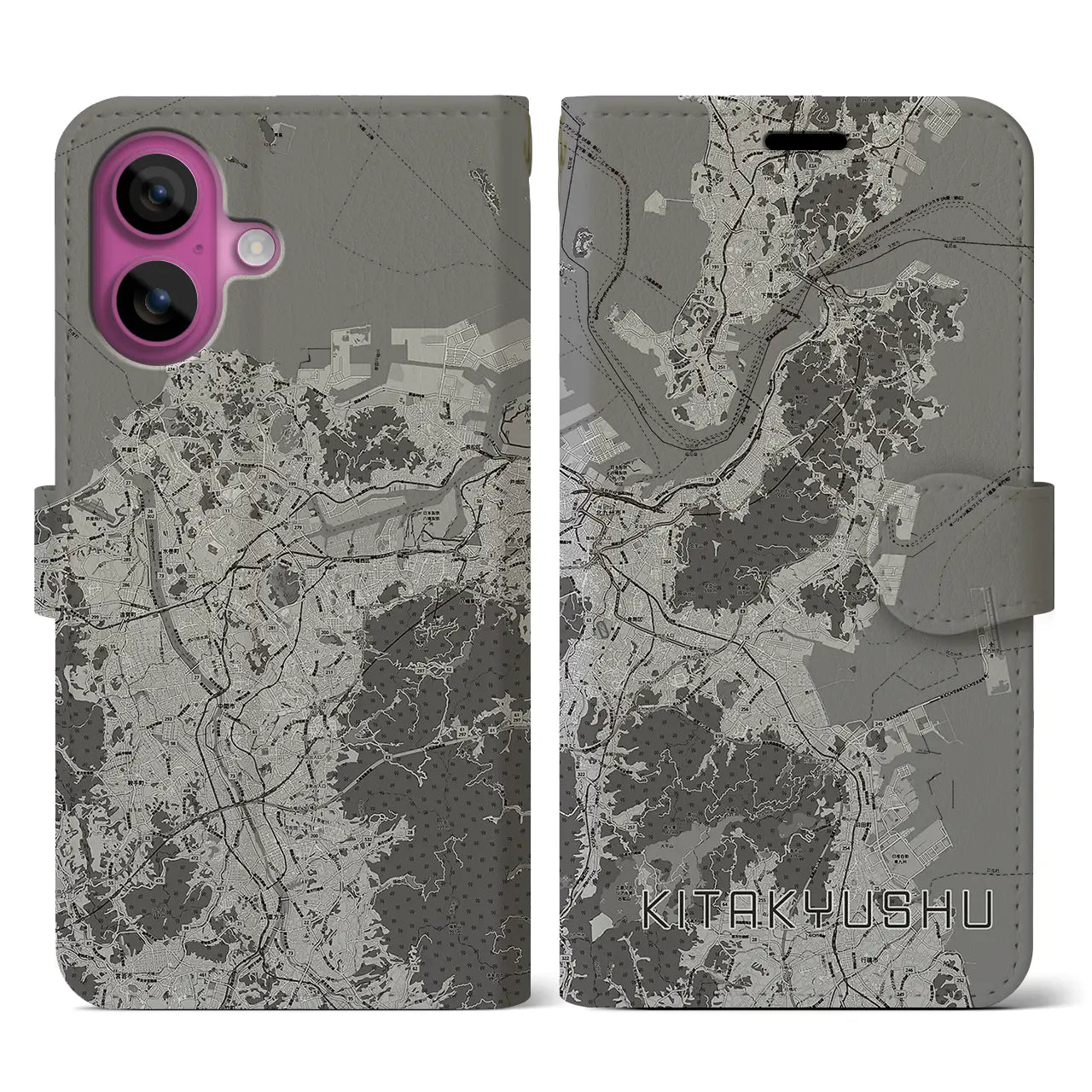 【北九州(福岡県)】地図柄iPhoneケース(手帳タイプ)モノトーン・iPhone 16 Pro 用