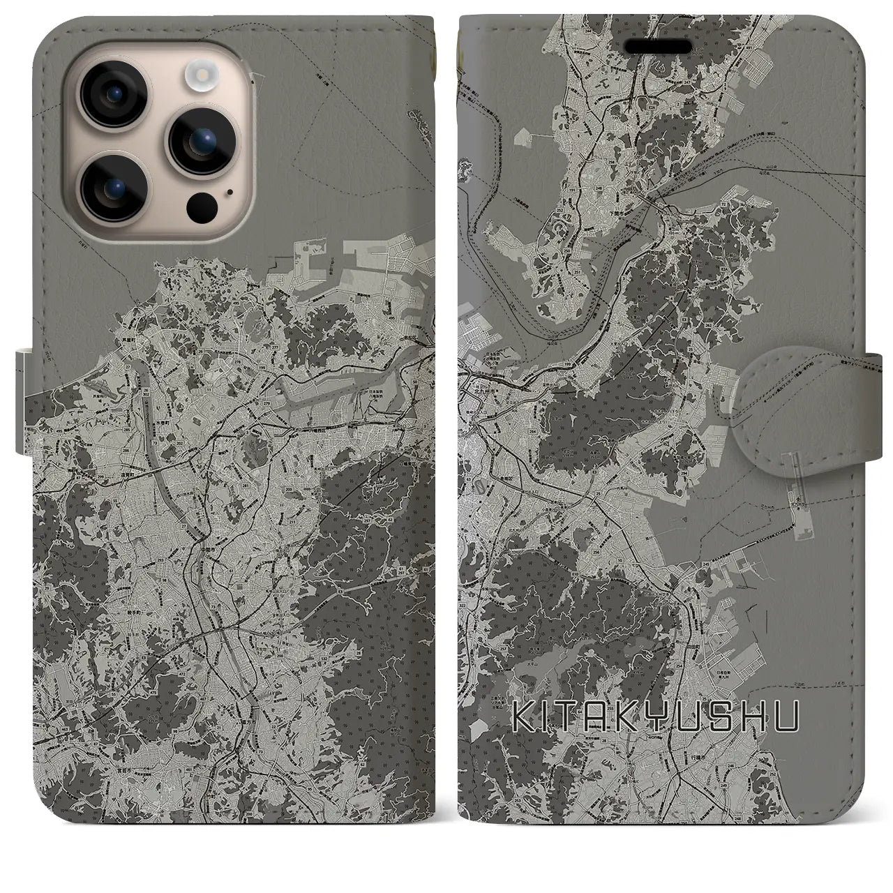 【北九州(福岡県)】地図柄iPhoneケース(手帳タイプ)モノトーン・iPhone 16 Plus 用