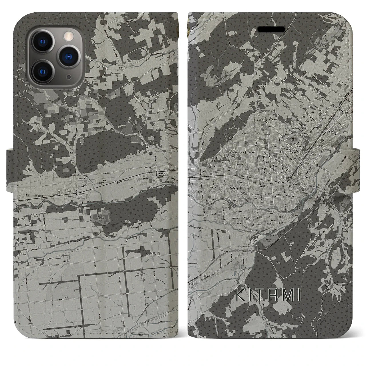 【北見(北海道)】地図柄iPhoneケース(手帳タイプ)モノトーン・iPhone 11 Pro Max 用
