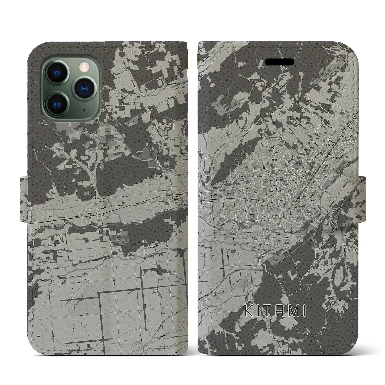 【北見(北海道)】地図柄iPhoneケース(手帳タイプ)モノトーン・iPhone 11 Pro 用
