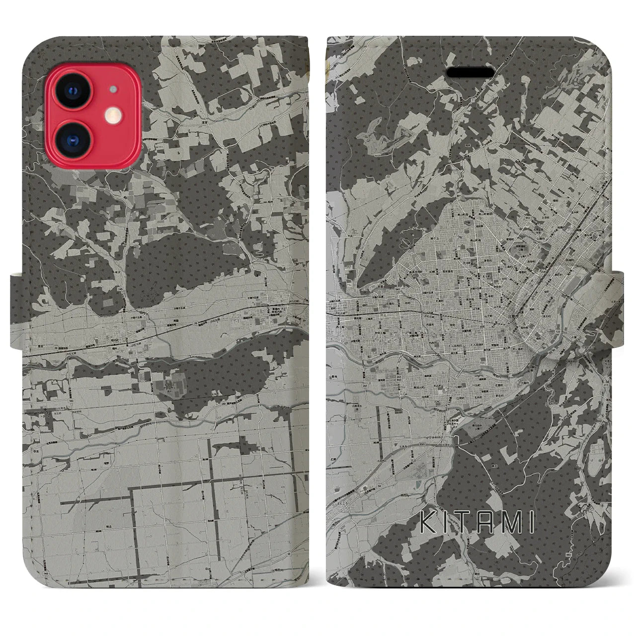 【北見(北海道)】地図柄iPhoneケース(手帳タイプ)モノトーン・iPhone 11 用