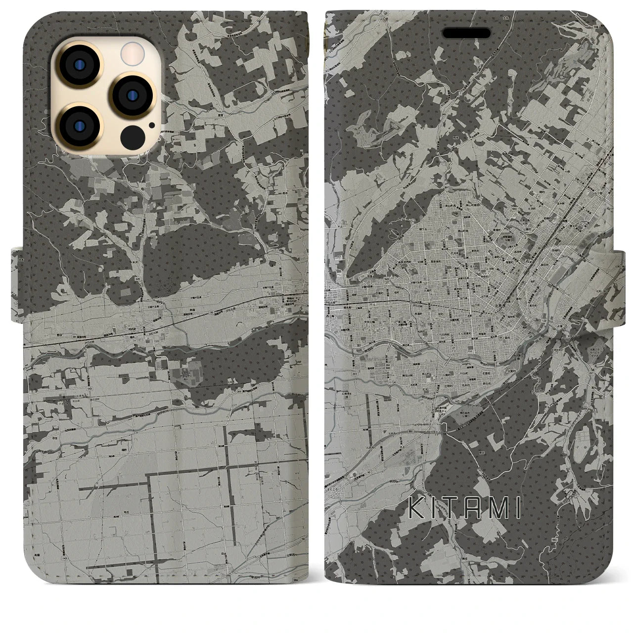 【北見(北海道)】地図柄iPhoneケース(手帳タイプ)モノトーン・iPhone 12 Pro Max 用