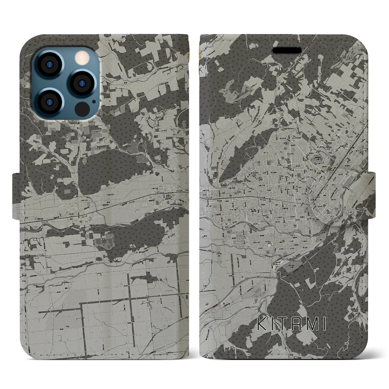 【北見(北海道)】地図柄iPhoneケース(手帳タイプ)モノトーン・iPhone 12 / 12 Pro 用