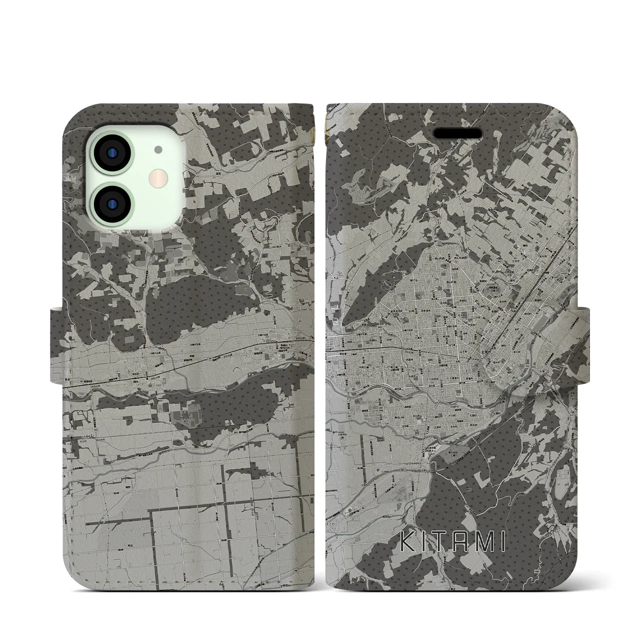 【北見(北海道)】地図柄iPhoneケース(手帳タイプ)モノトーン・iPhone 12 mini 用