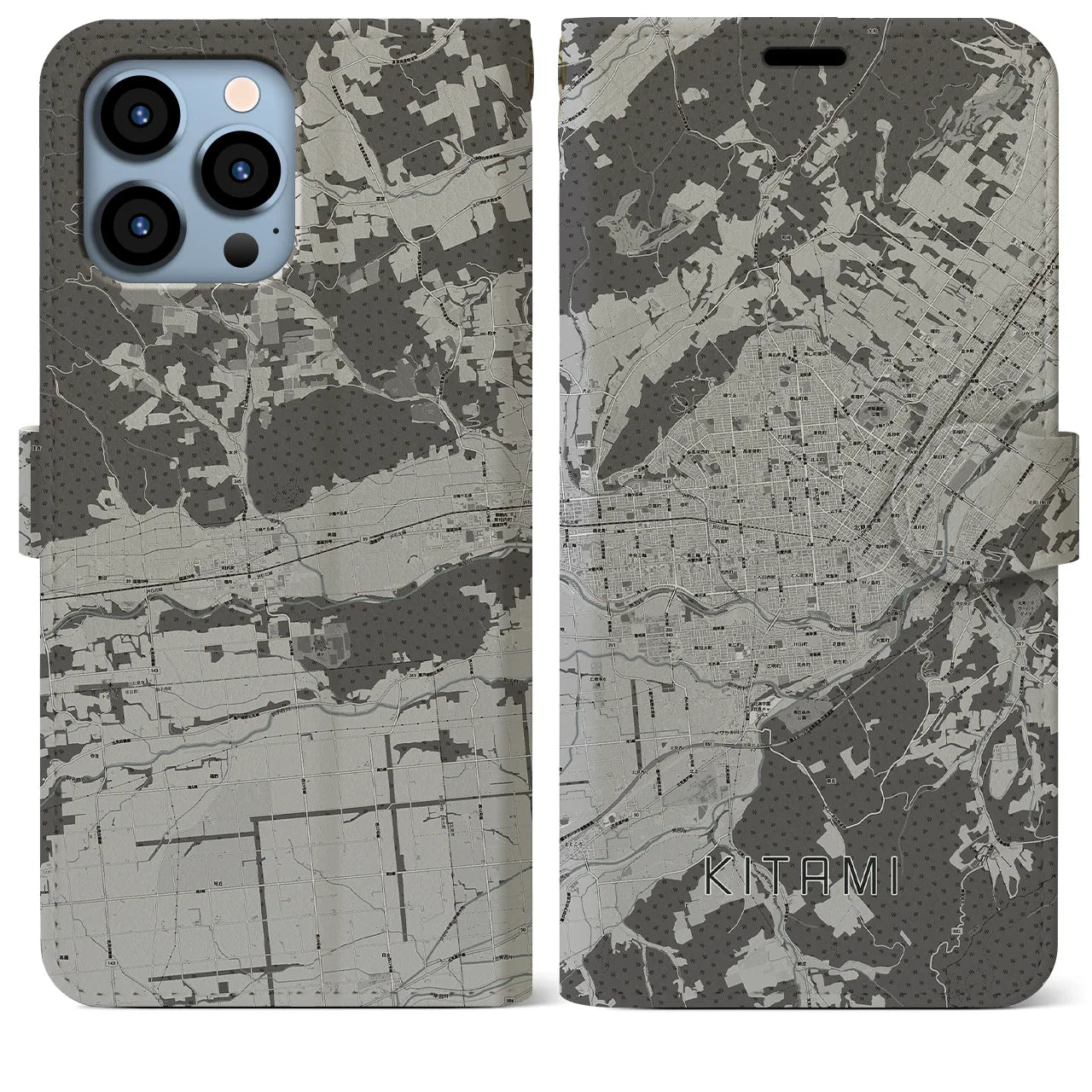 【北見(北海道)】地図柄iPhoneケース(手帳タイプ)モノトーン・iPhone 13 Pro Max 用