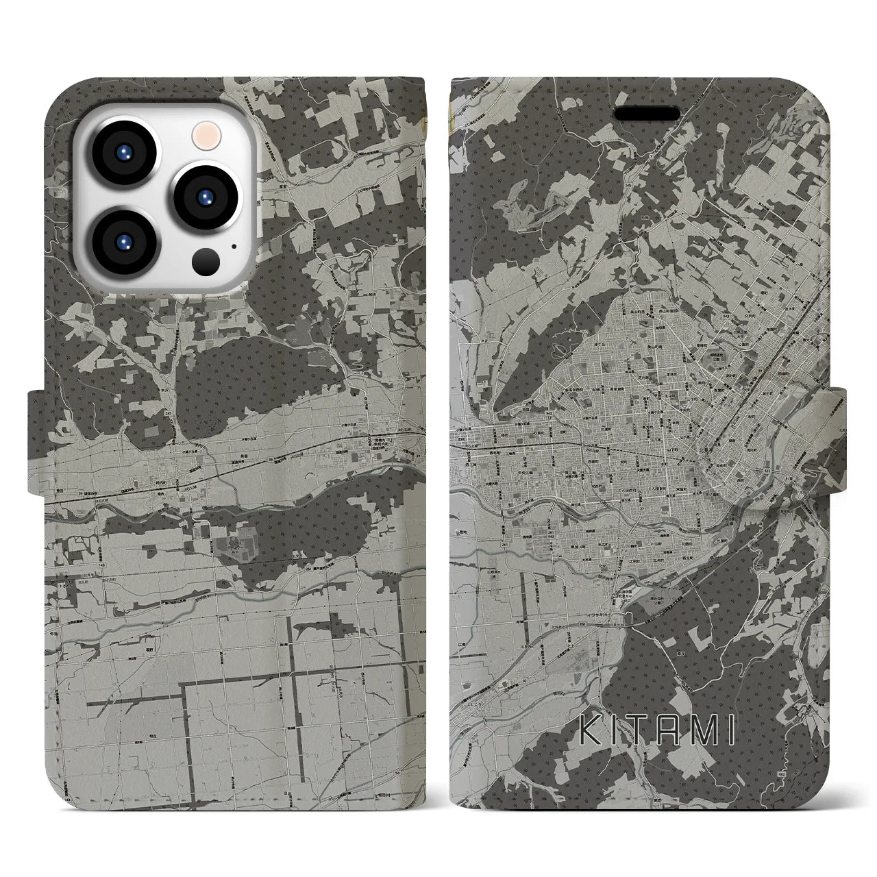 【北見(北海道)】地図柄iPhoneケース(手帳タイプ)モノトーン・iPhone 13 Pro 用