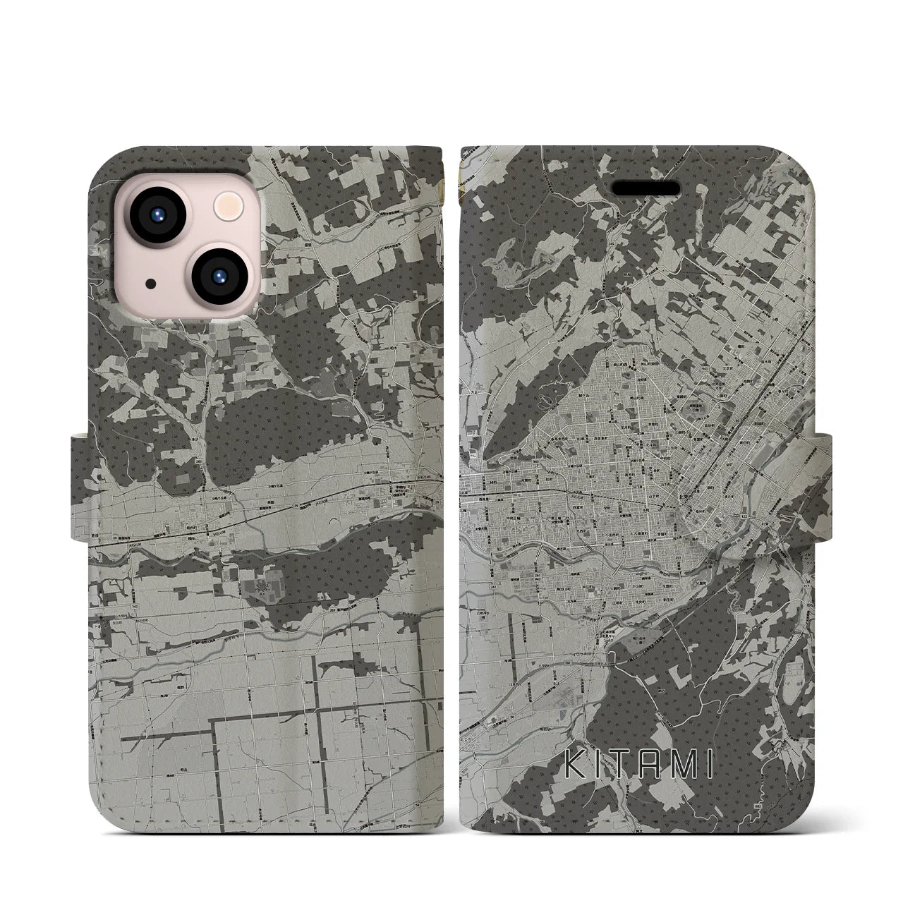 【北見(北海道)】地図柄iPhoneケース(手帳タイプ)モノトーン・iPhone 13 mini 用