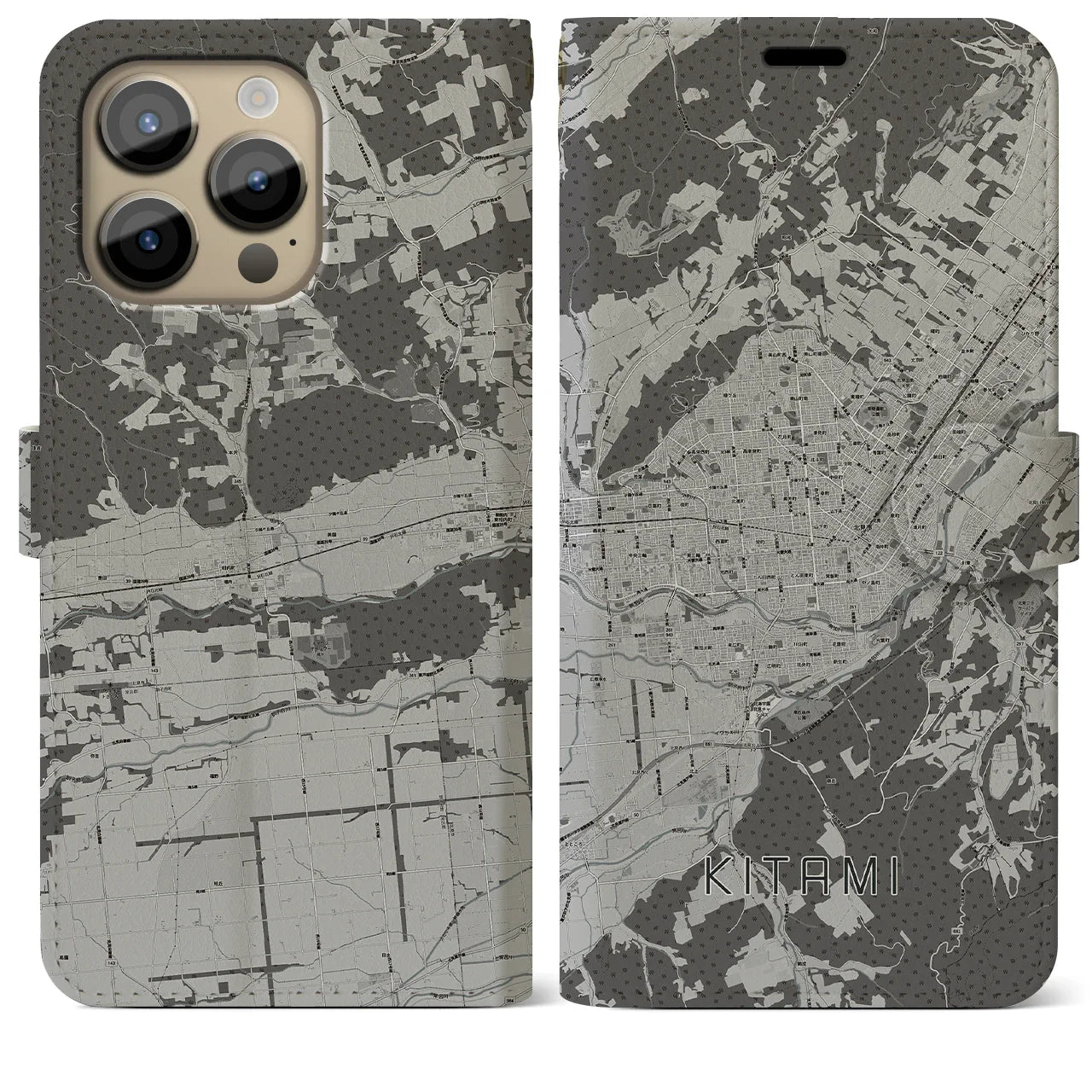 【北見(北海道)】地図柄iPhoneケース(手帳タイプ)モノトーン・iPhone 14 Pro Max 用
