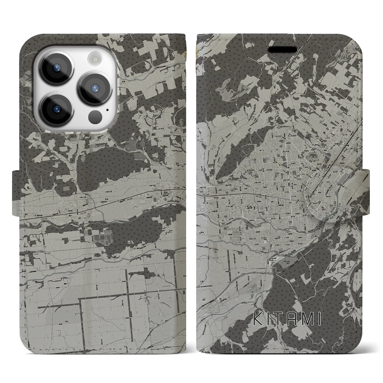 【北見(北海道)】地図柄iPhoneケース(手帳タイプ)モノトーン・iPhone 14 Pro 用