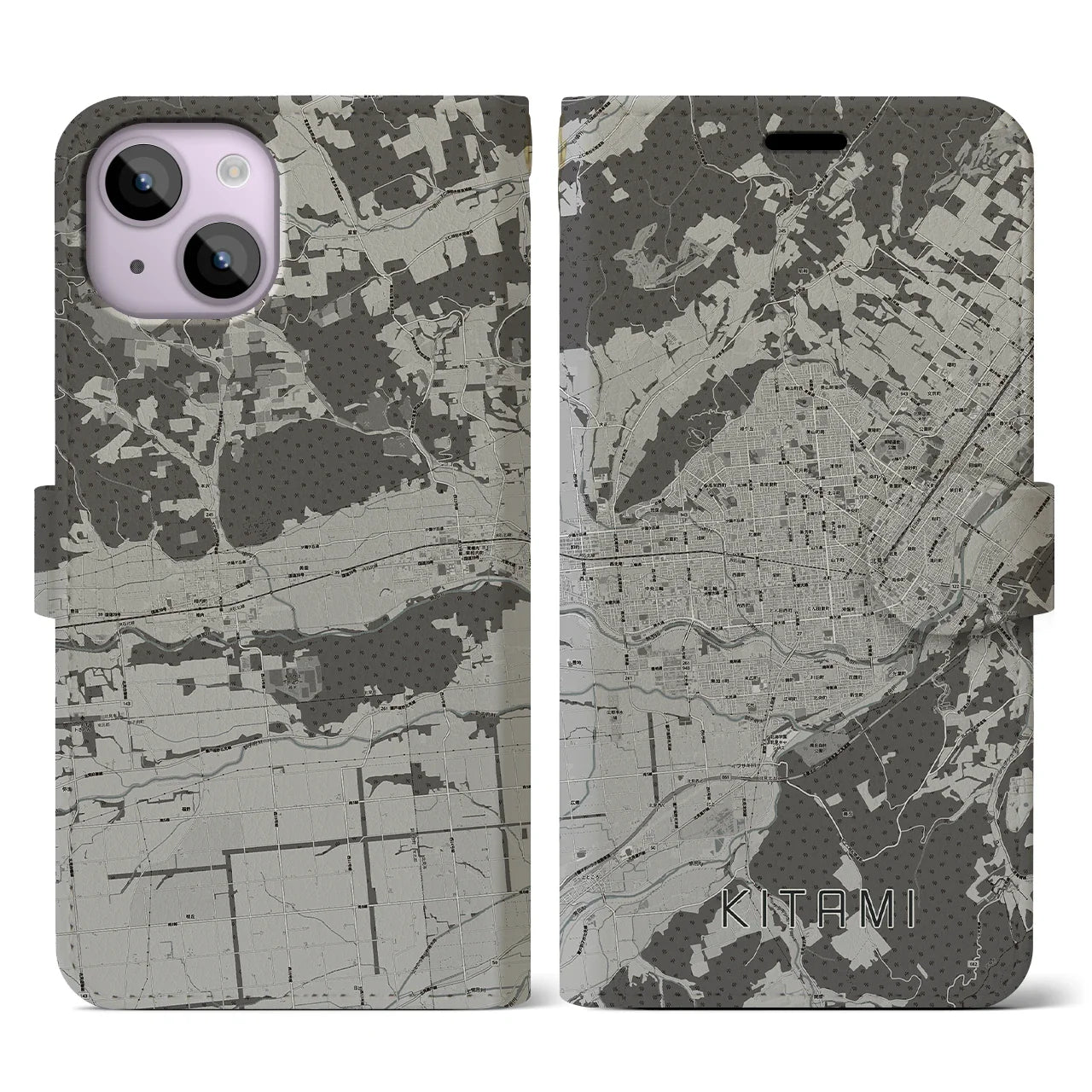 【北見(北海道)】地図柄iPhoneケース(手帳タイプ)モノトーン・iPhone 14 用