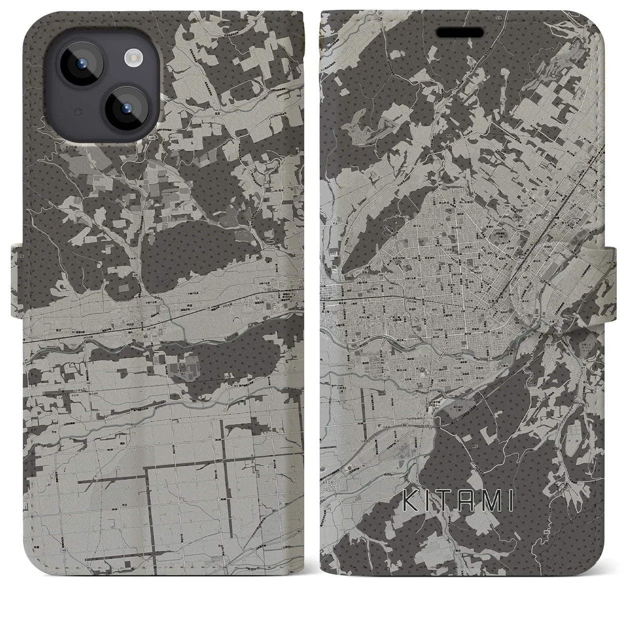 【北見(北海道)】地図柄iPhoneケース(手帳タイプ)モノトーン・iPhone 14 Plus 用