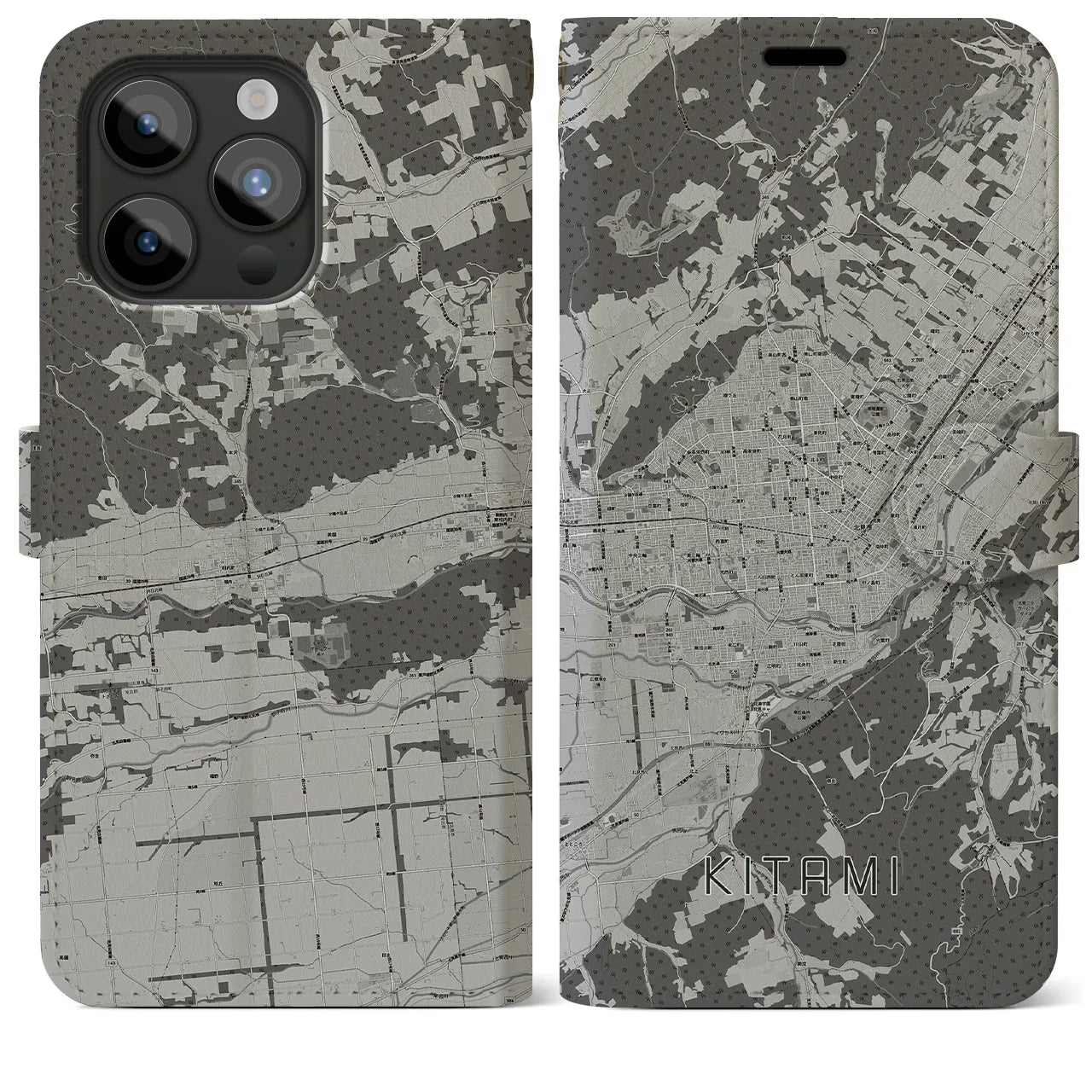 【北見(北海道)】地図柄iPhoneケース(手帳タイプ)モノトーン・iPhone 15 Pro Max 用