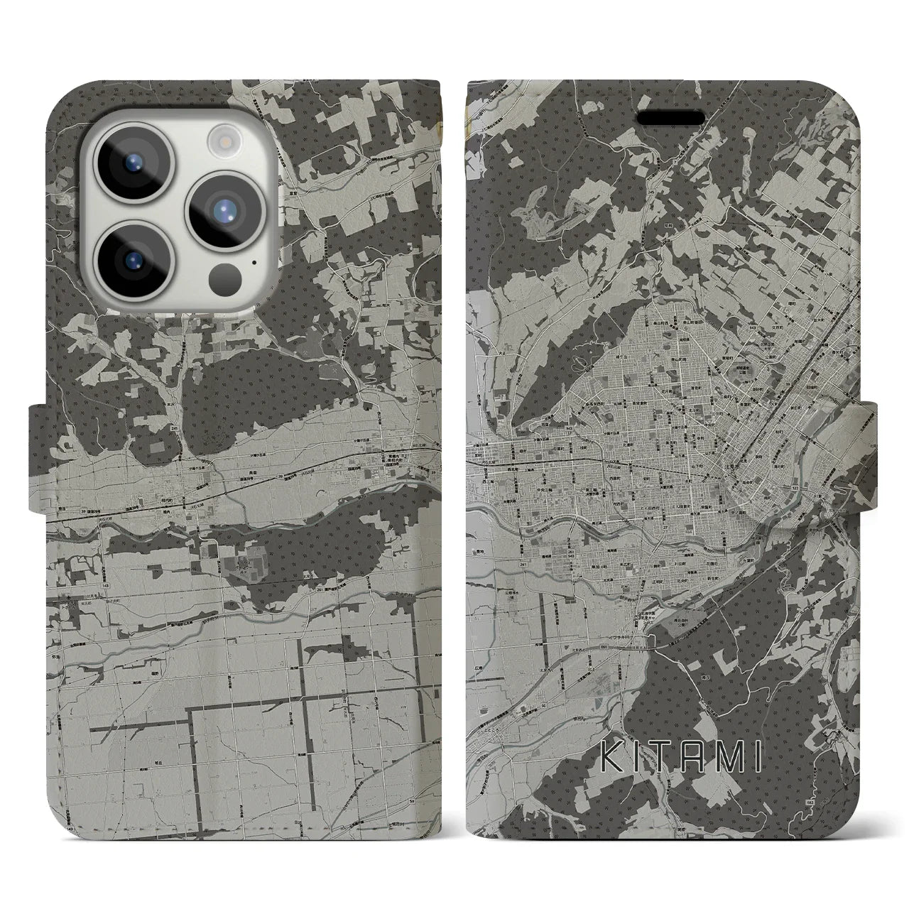 【北見(北海道)】地図柄iPhoneケース(手帳タイプ)モノトーン・iPhone 15 Pro 用