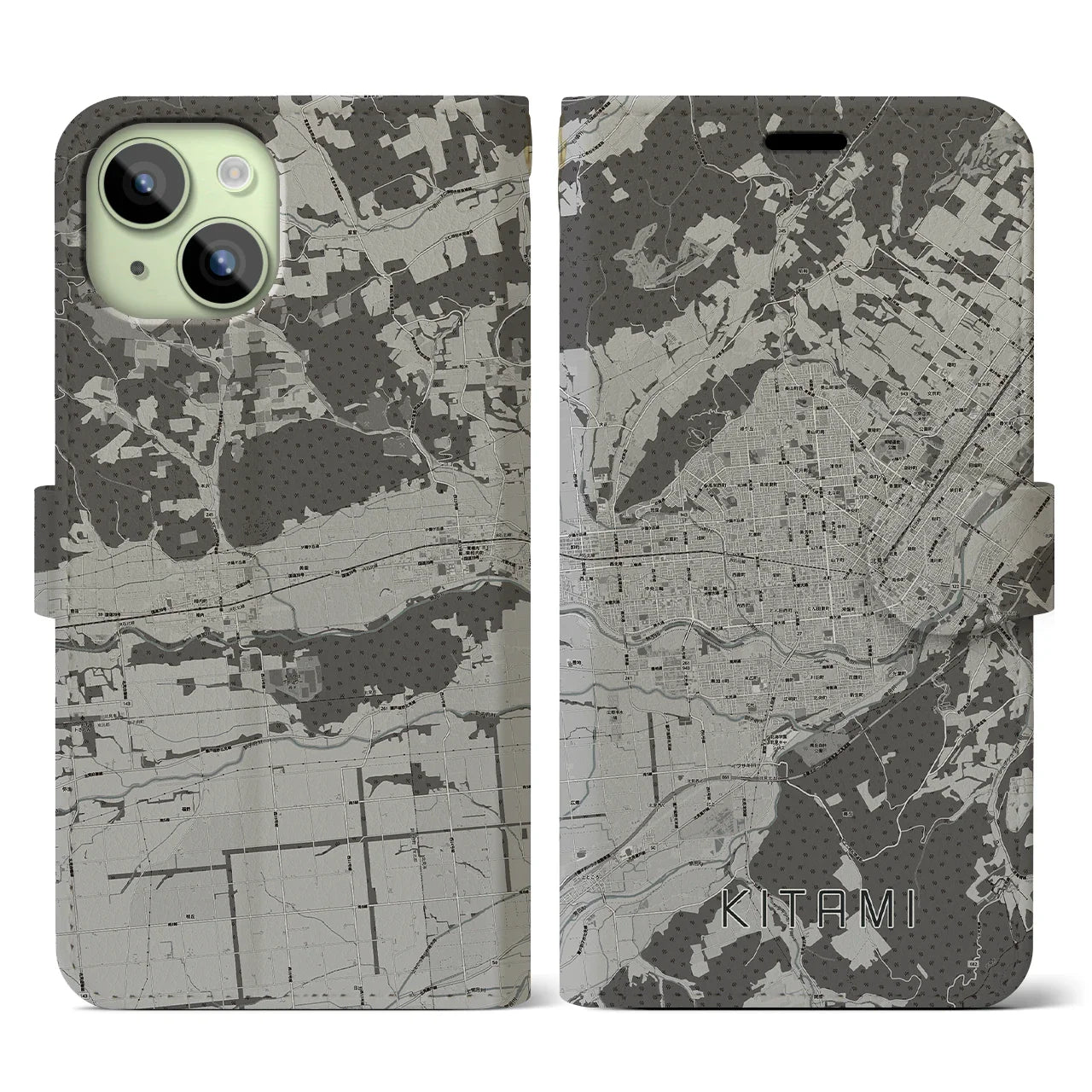 【北見(北海道)】地図柄iPhoneケース(手帳タイプ)モノトーン・iPhone 15 用
