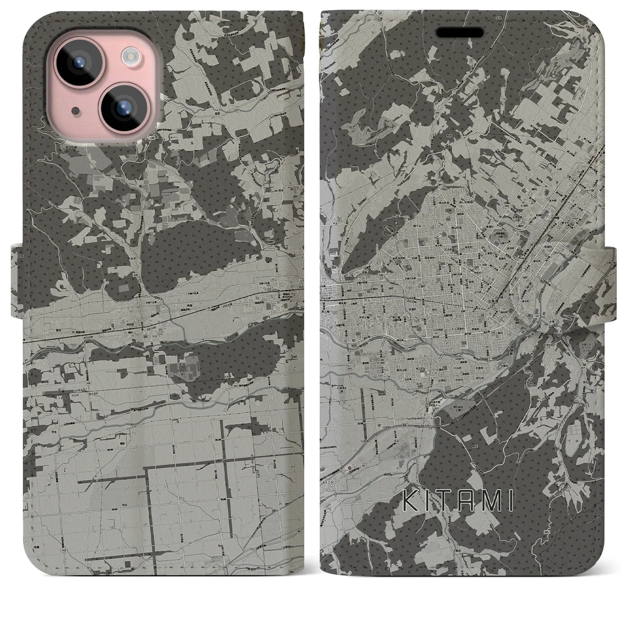 【北見(北海道)】地図柄iPhoneケース(手帳タイプ)モノトーン・iPhone 15 Plus 用