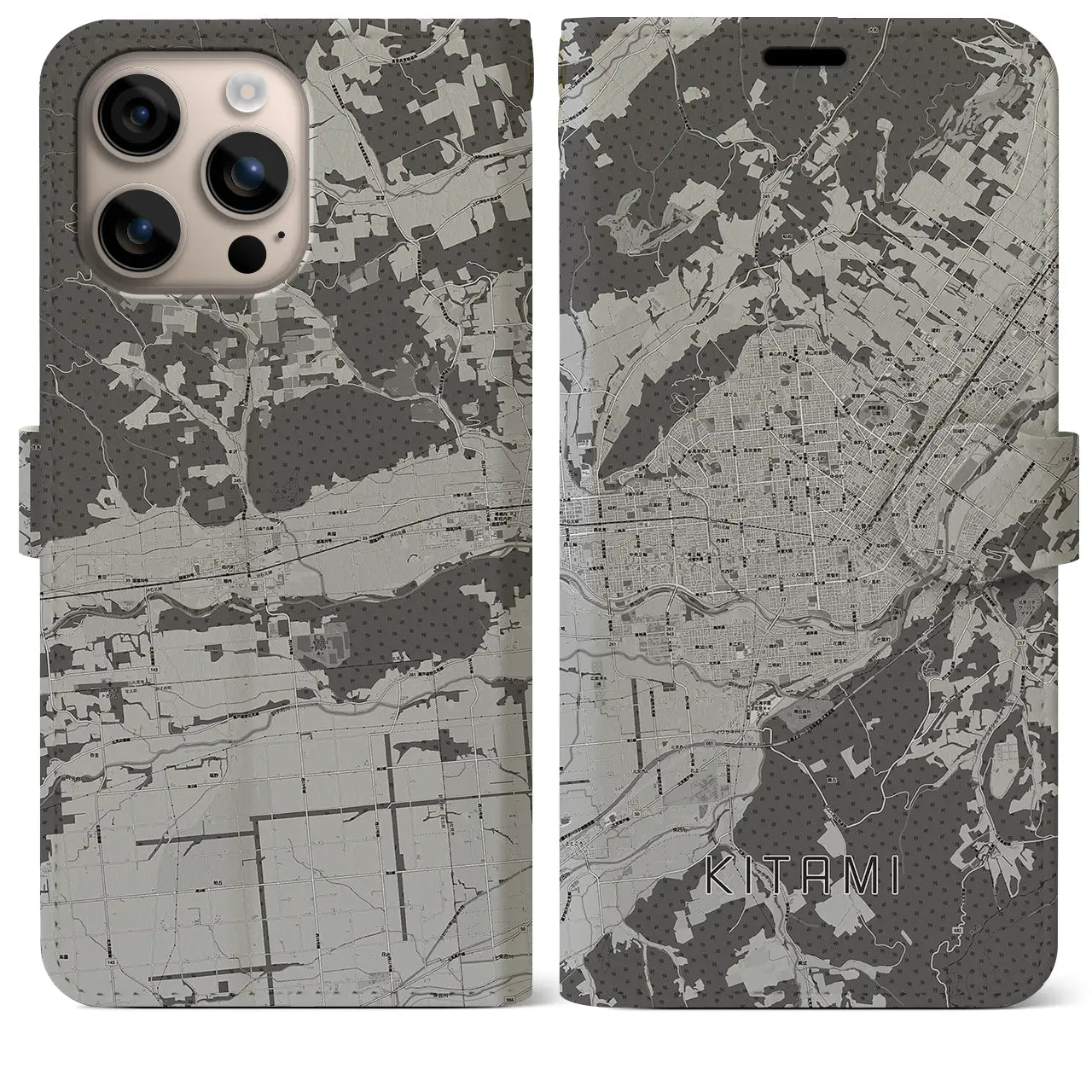 【北見(北海道)】地図柄iPhoneケース(手帳タイプ)モノトーン・iPhone 16 Plus 用