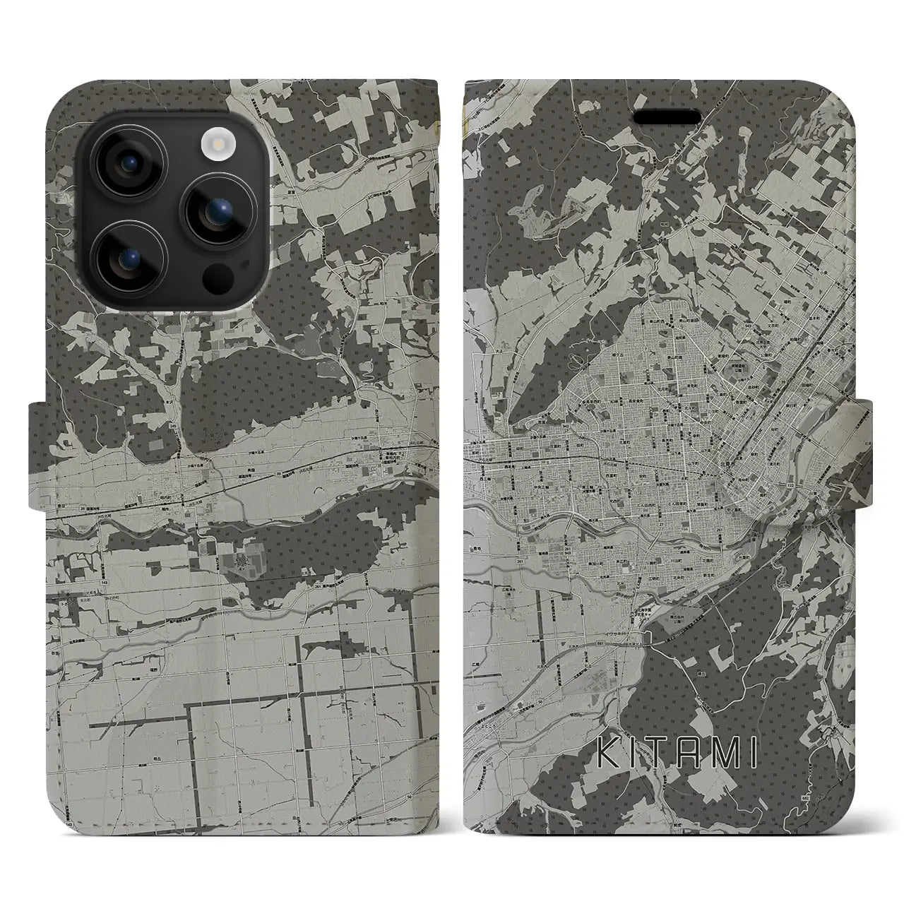 【北見(北海道)】地図柄iPhoneケース(手帳タイプ)モノトーン・iPhone 16 用