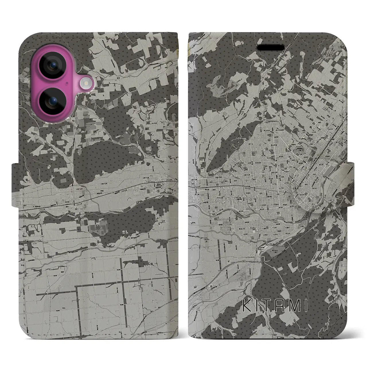 【北見(北海道)】地図柄iPhoneケース(手帳タイプ)モノトーン・iPhone 16 Pro 用