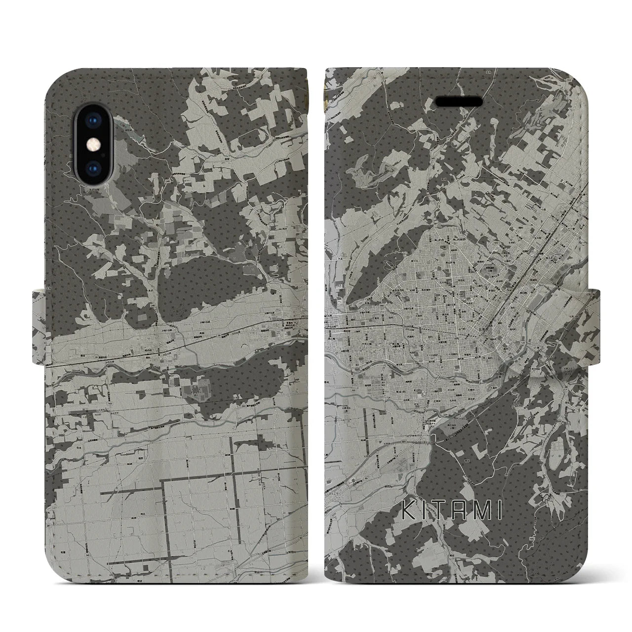 【北見(北海道)】地図柄iPhoneケース(手帳タイプ)モノトーン・iPhone XS / X 用
