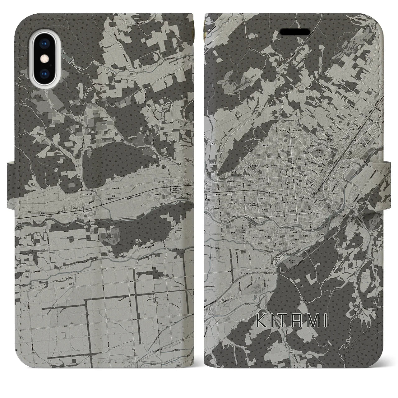 【北見(北海道)】地図柄iPhoneケース(手帳タイプ)モノトーン・iPhone XS Max 用