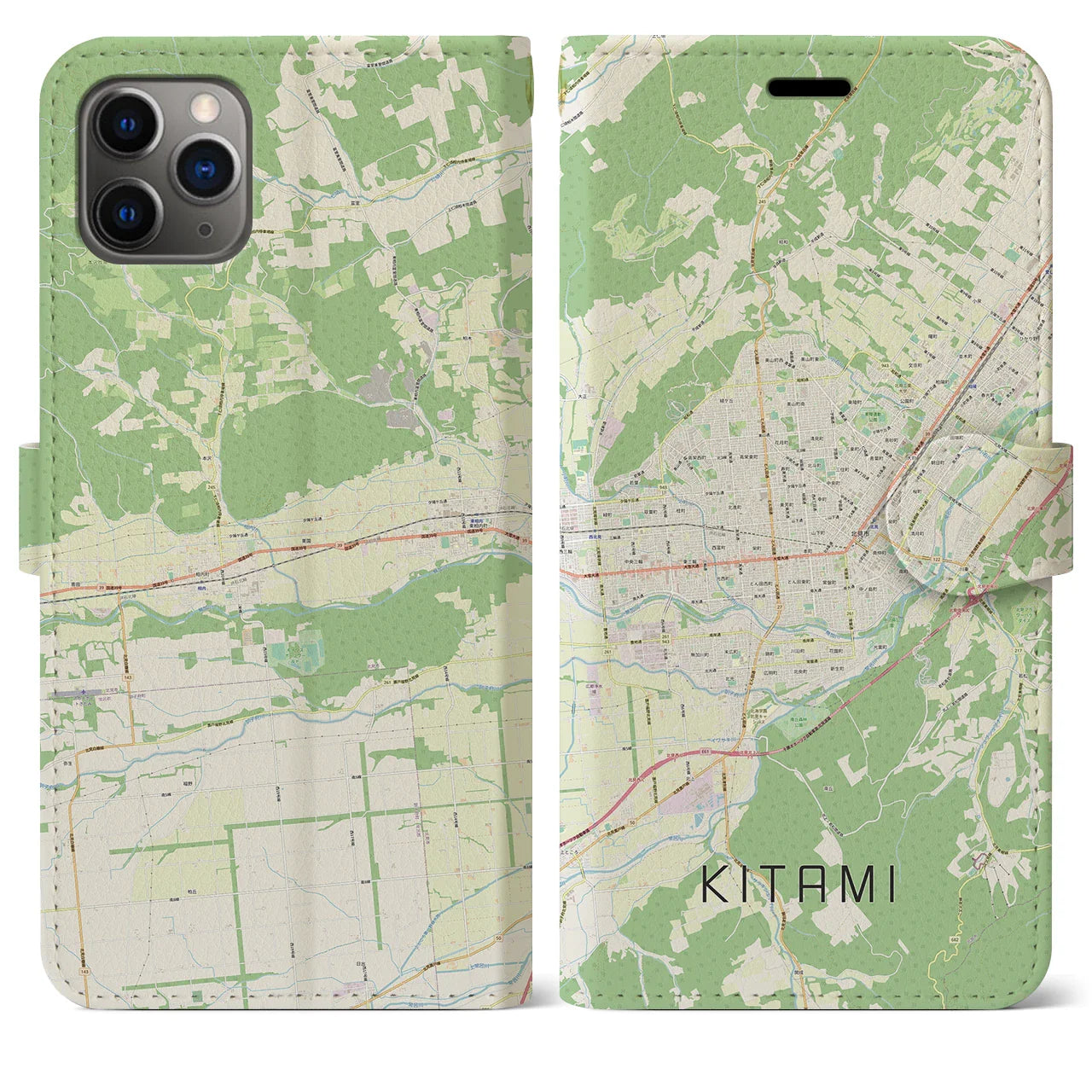 【北見(北海道)】地図柄iPhoneケース(手帳タイプ)ナチュラル・iPhone 11 Pro Max 用