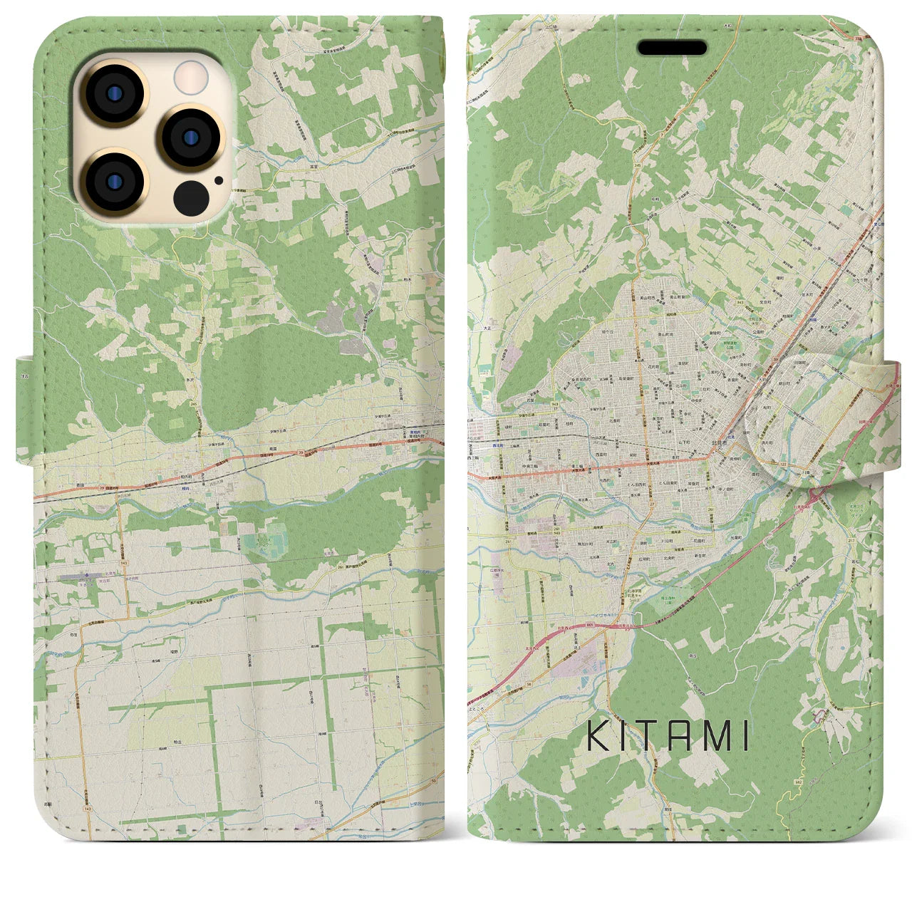 【北見(北海道)】地図柄iPhoneケース(手帳タイプ)ナチュラル・iPhone 12 Pro Max 用
