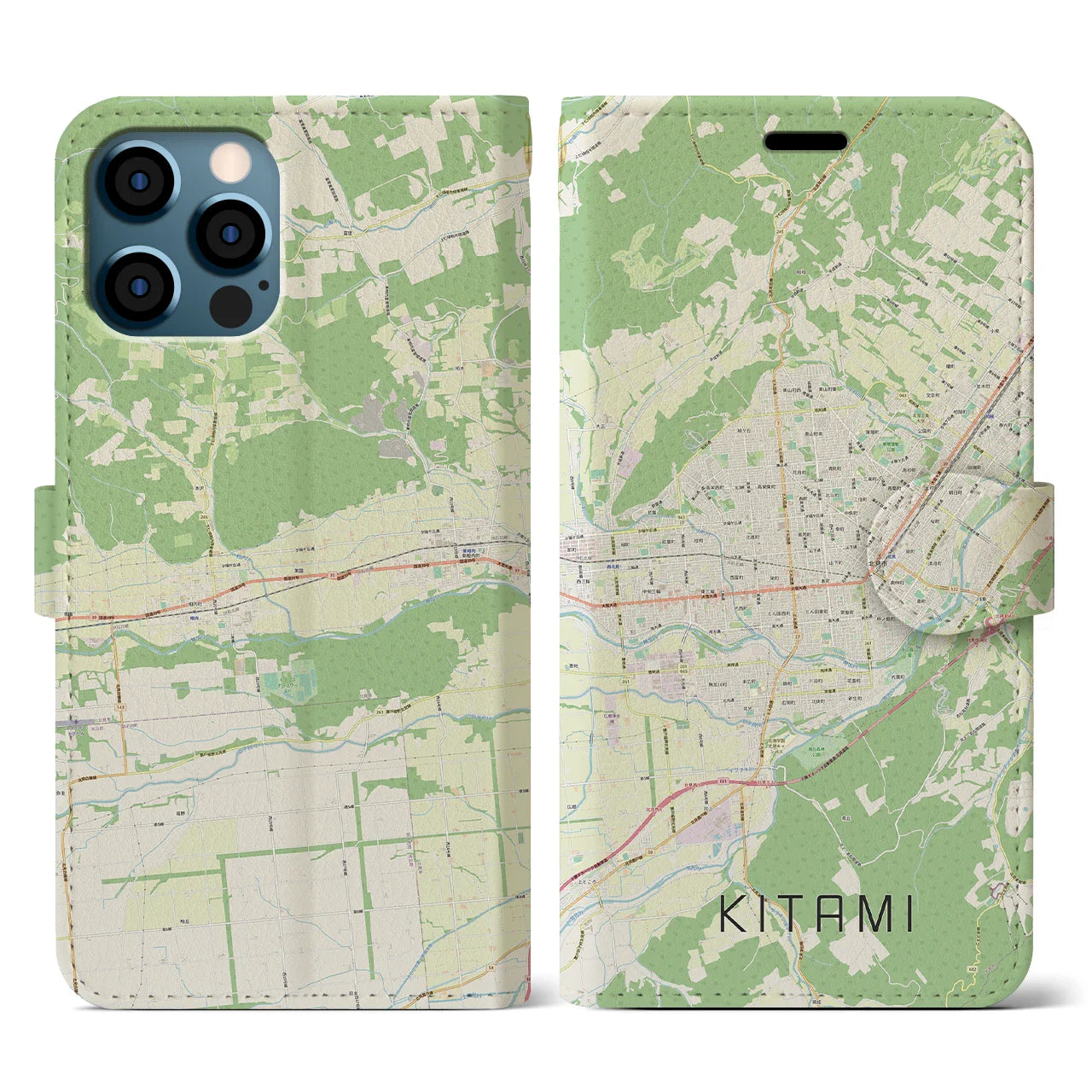 【北見(北海道)】地図柄iPhoneケース(手帳タイプ)ナチュラル・iPhone 12 / 12 Pro 用