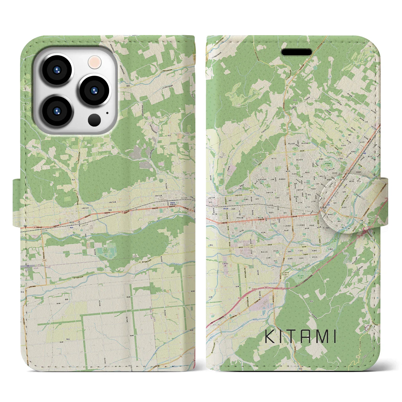 【北見(北海道)】地図柄iPhoneケース(手帳タイプ)ナチュラル・iPhone 13 Pro 用