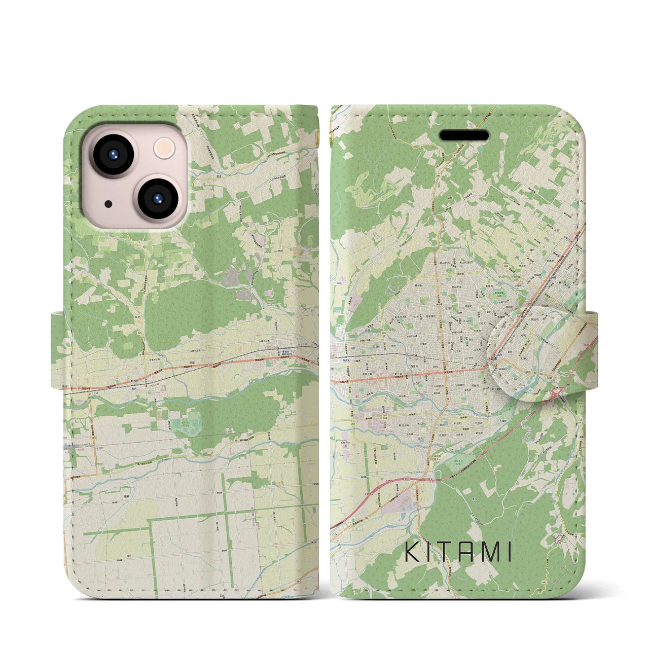【北見(北海道)】地図柄iPhoneケース(手帳タイプ)ナチュラル・iPhone 13 mini 用