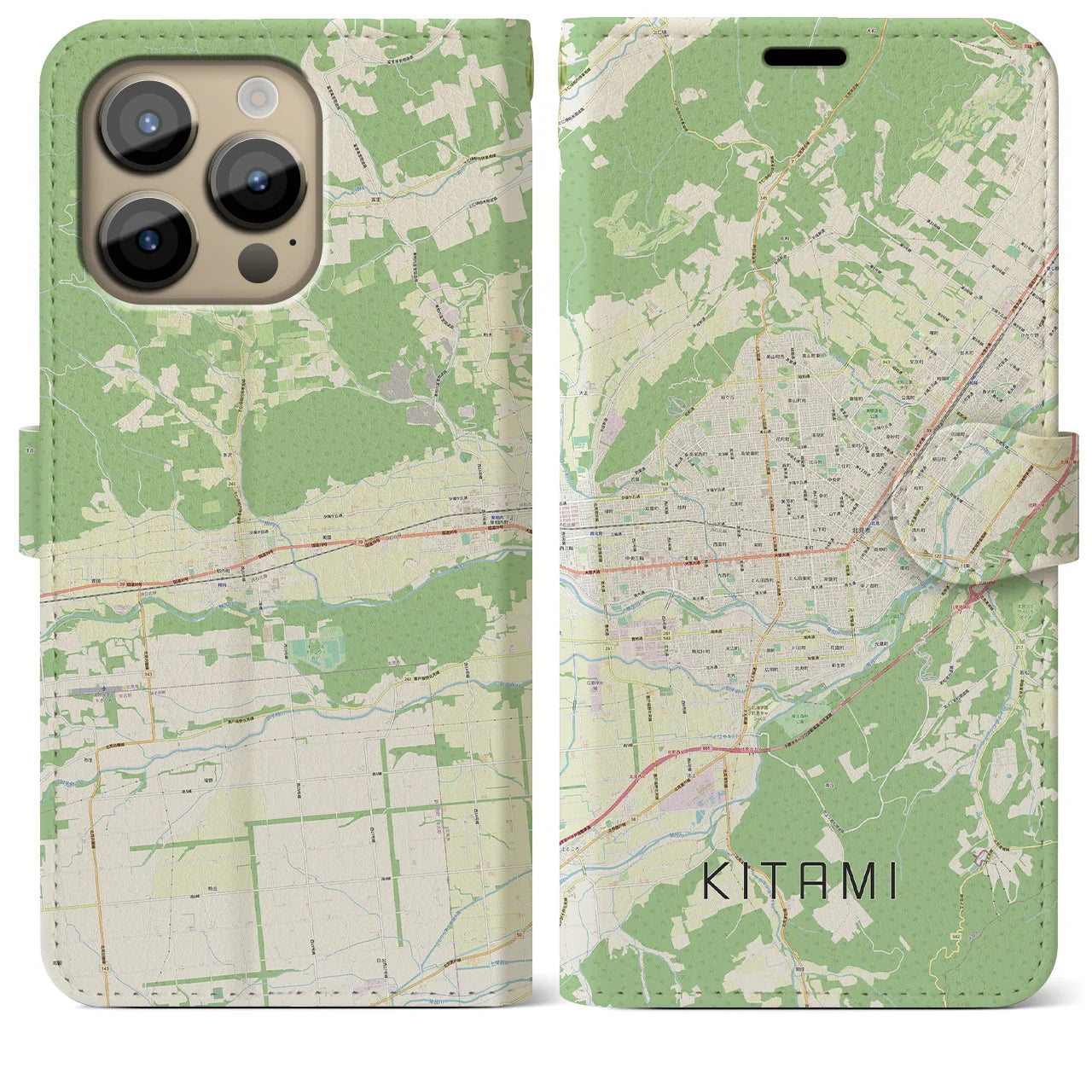 【北見(北海道)】地図柄iPhoneケース(手帳タイプ)ナチュラル・iPhone 14 Pro Max 用