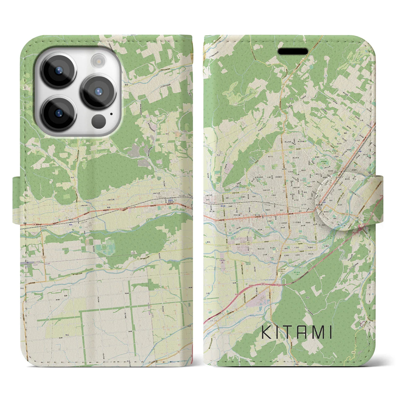 【北見(北海道)】地図柄iPhoneケース(手帳タイプ)ナチュラル・iPhone 14 Pro 用