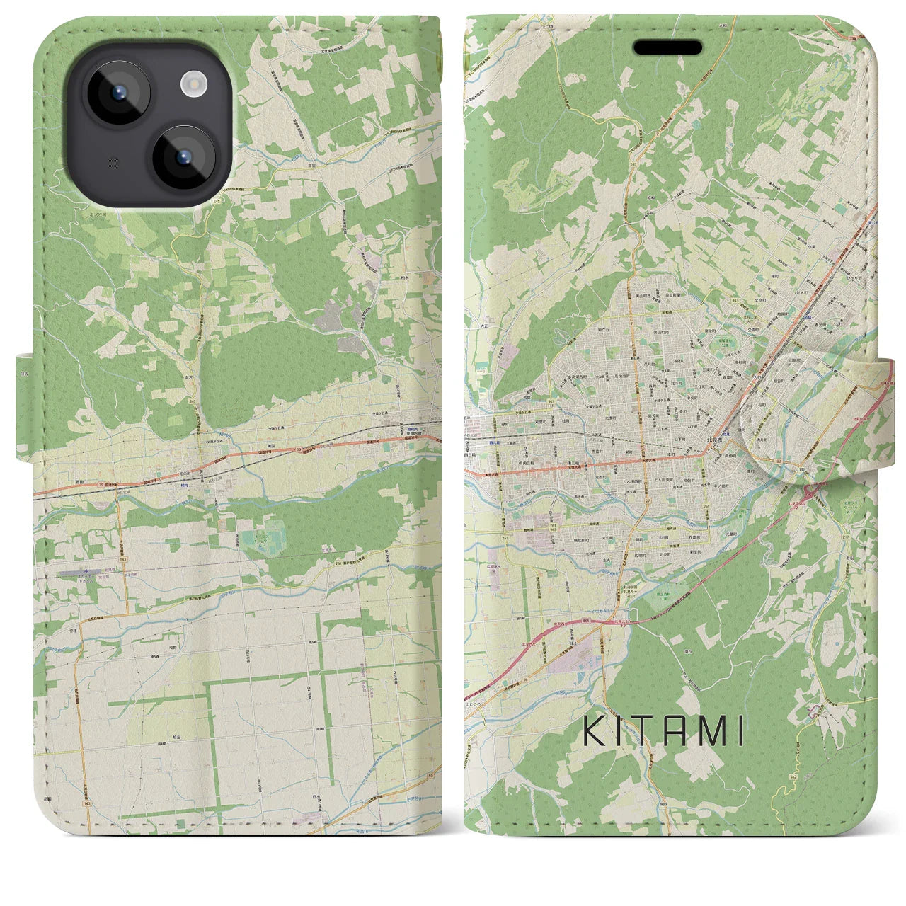 【北見(北海道)】地図柄iPhoneケース(手帳タイプ)ナチュラル・iPhone 14 Plus 用