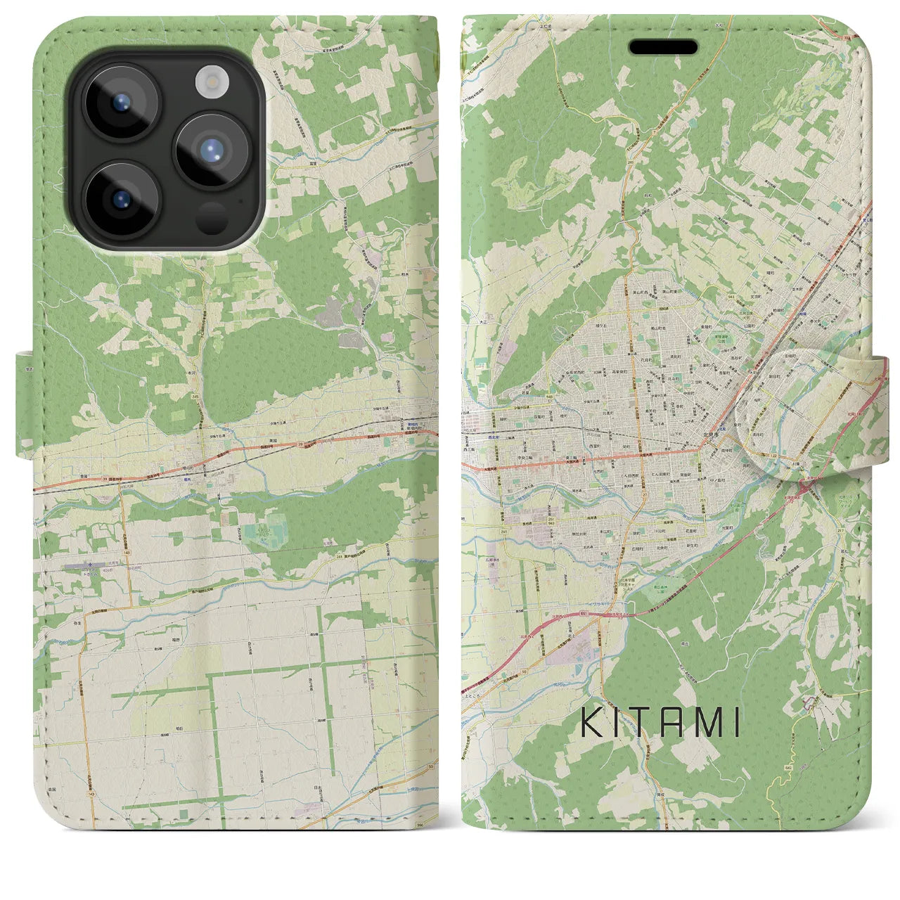 【北見(北海道)】地図柄iPhoneケース(手帳タイプ)ナチュラル・iPhone 15 Pro Max 用
