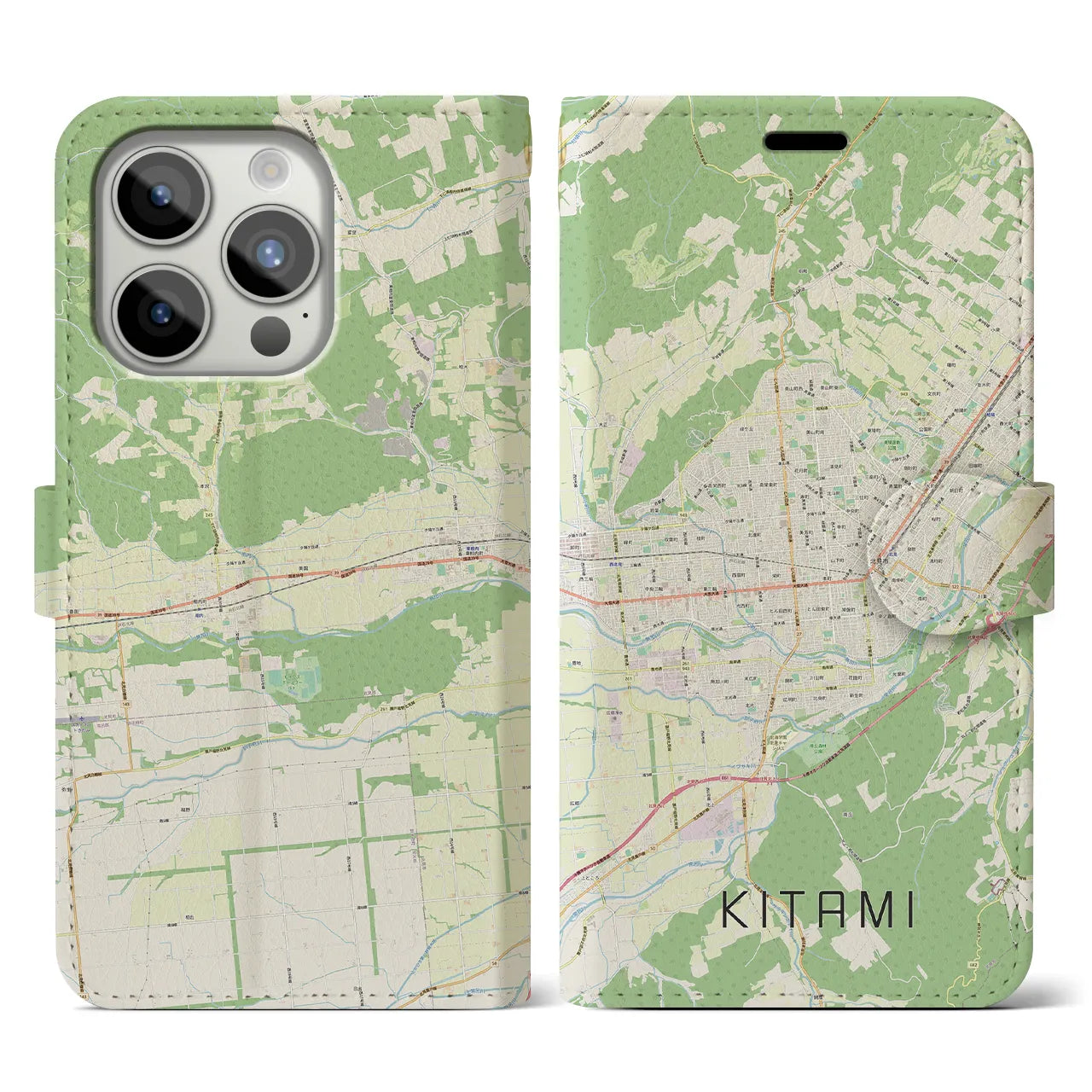 【北見(北海道)】地図柄iPhoneケース(手帳タイプ)ナチュラル・iPhone 15 Pro 用