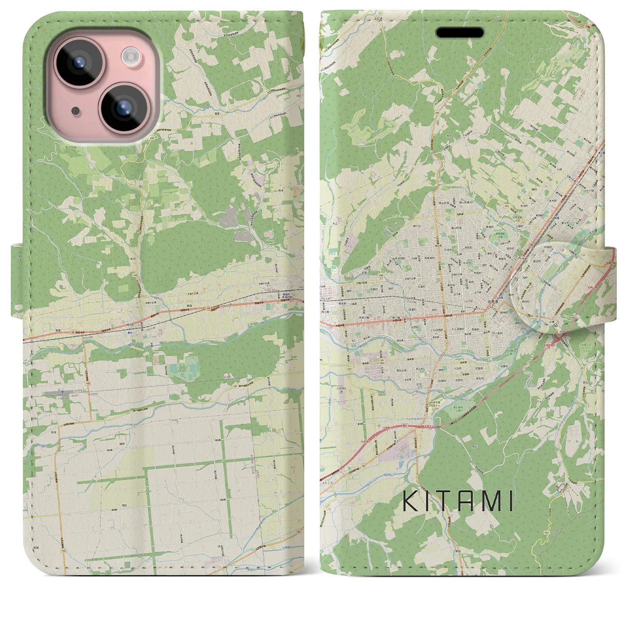 【北見(北海道)】地図柄iPhoneケース(手帳タイプ)ナチュラル・iPhone 15 Plus 用