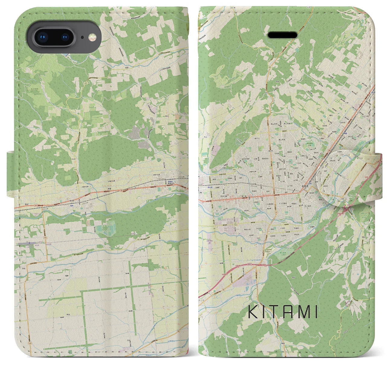 【北見(北海道)】地図柄iPhoneケース(手帳タイプ)ナチュラル・iPhone 8Plus /7Plus / 6sPlus / 6Plus 用