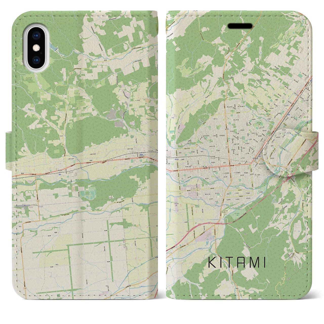 【北見(北海道)】地図柄iPhoneケース(手帳タイプ)ナチュラル・iPhone XS Max 用