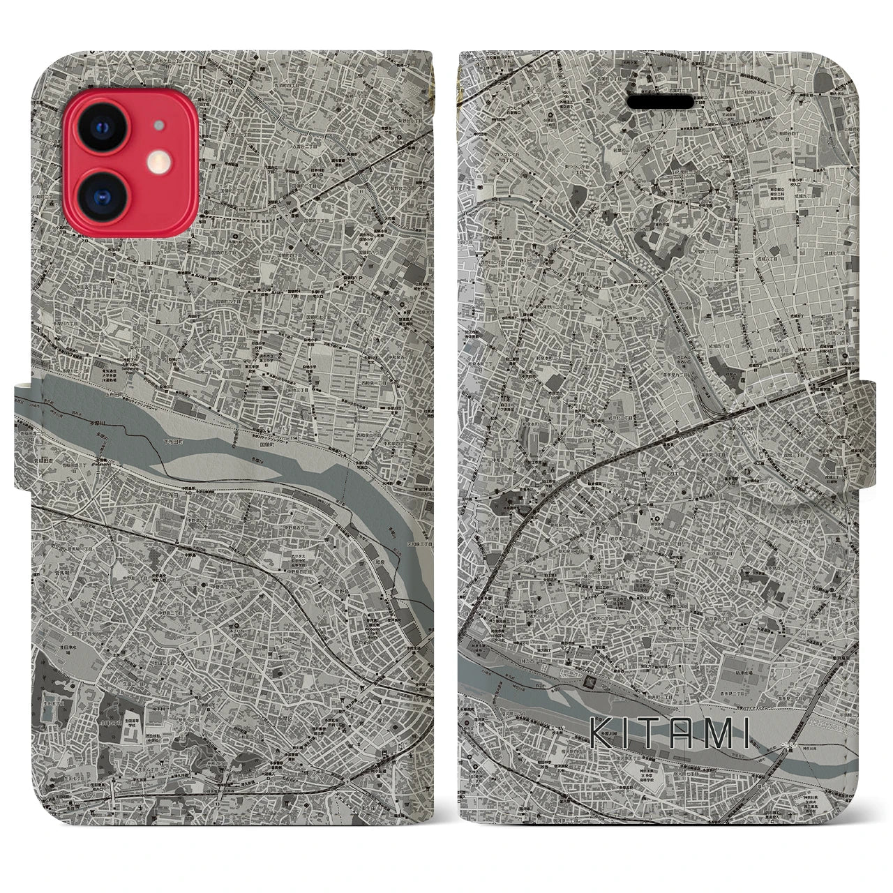 【喜多見(東京都)】地図柄iPhoneケース(手帳タイプ)モノトーン・iPhone 11 用