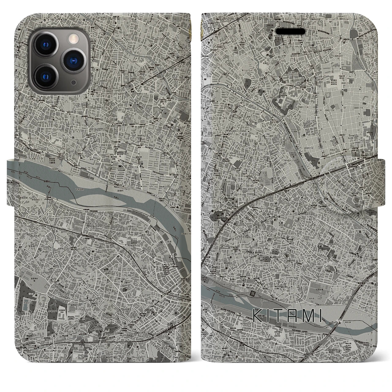 【喜多見(東京都)】地図柄iPhoneケース(手帳タイプ)モノトーン・iPhone 11 Pro Max 用